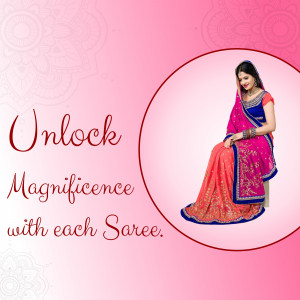 Woman in a beautiful saree with promotional text