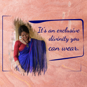 Woman wearing a blue and red saree with a peach background and text overlay.