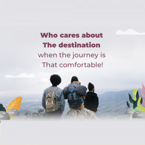 Three people with backpacks looking at a mountain view with text about enjoying the journey.