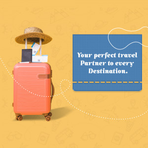 Coral suitcase with travel essentials and a travel partner message.