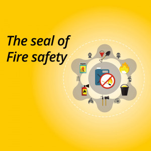 Illustration of a fire safety seal with various fire safety tools and symbols.