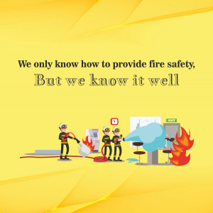 Firefighters extinguishing a fire in an office setting with the text 'We only know how to provide fire safety, But we know it well'.