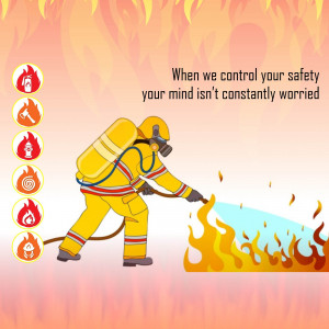 Cartoon illustration of a firefighter extinguishing a fire with text about safety and worry.