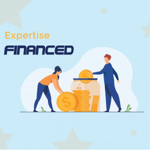 Illustration of people putting coins into a glass jar with the text 'Expertise Financed'