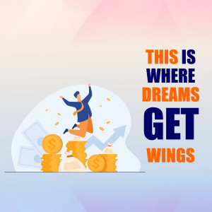 Illustration of a man jumping with joy over stacks of coins and a rising graph.