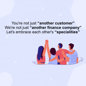 Illustration of people with arms raised in a collaborative gesture with text emphasizing a personalized finance approach.