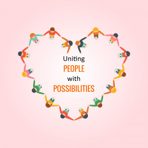 Colorful figures forming a heart shape with the text 'Uniting People with Possibilities'