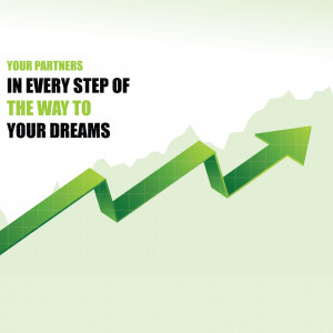 Green arrow pointing upwards over a mountain range with text about partnership and dreams.