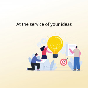 Illustration of a team working together to build a lightbulb representing ideas.