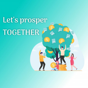 Illustration of a tree growing money with people interacting with it, symbolizing financial prosperity and teamwork.