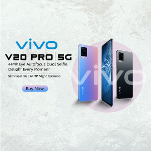 Vivo V20 Pro 5G smartphone in multiple colors with product features highlighted.