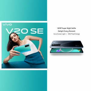 Vivo V20 SE smartphone with a woman taking a selfie