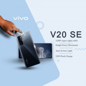 Vivo V20 SE smartphone with a hand interacting with the screen