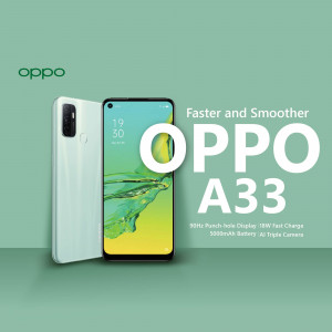 White OPPO A33 smartphone with a vibrant display and text highlighting its features.