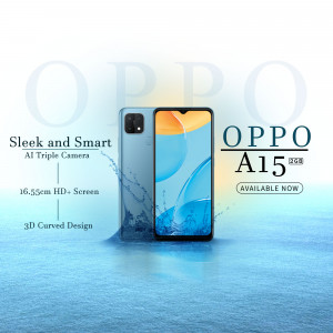 OPPO A15 smartphone with sleek design and triple camera