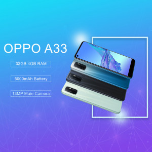 OPPO A33 smartphone in multiple colors with key specifications highlighted.
