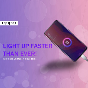 Oppo smartphone showcasing its fast charging capabilities with a glowing screen and charging cable.