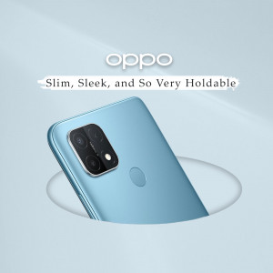 Oppo smartphone with a blue gradient back, showcasing its slim profile.