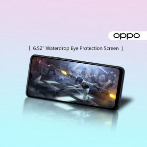 Oppo smartphone displaying a vibrant game with a 6.52" Waterdrop Eye Protection Screen