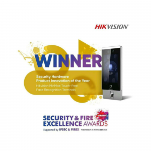 Hikvision face recognition terminal with 'Winner' award badge