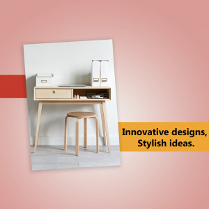 A light wood desk with a stool in a minimalist home office setting.