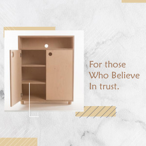 A light wood cabinet with open doors, set against a marble background with text overlay.