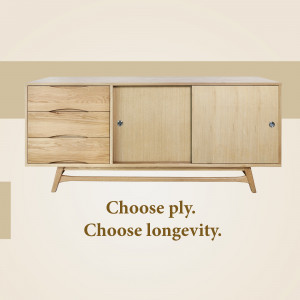 A light wood credenza with sliding doors and a drawer, set against a beige and cream background.