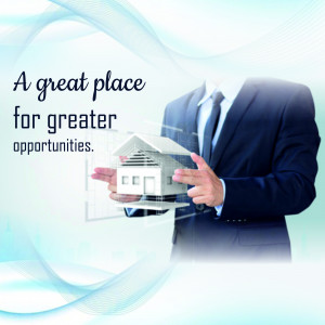 Man holding a house model with text about opportunities