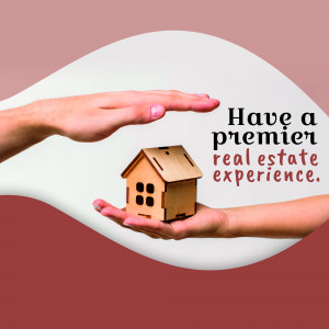 Hands cradling a wooden house with text promoting a premier real estate experience.