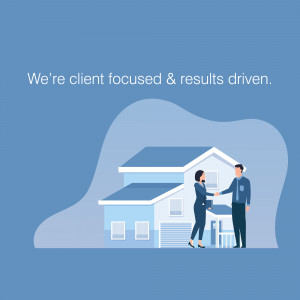 Illustration of a handshake in front of a house, representing client focus and results-driven service.