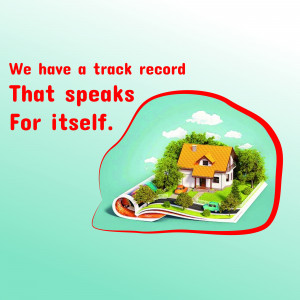 Image depicting a house on a rolled-up magazine page with text 'We have a track record that speaks for itself.'