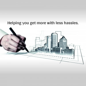 Hand drawing a cityscape with the text 'Helping you get more with less hassles.'
