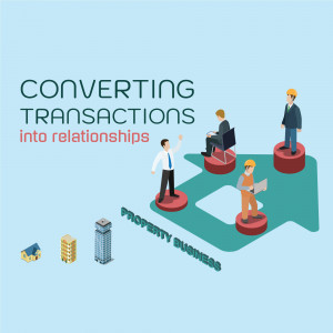 Isometric illustration depicting people and buildings representing converting transactions into relationships in the property business.