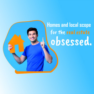 Man pointing up with a house cutout, promoting real estate services.