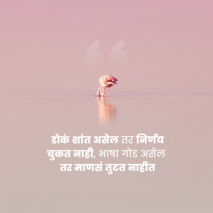 A flamingo standing in shallow water with its reflection, and a Marathi quote at the bottom.