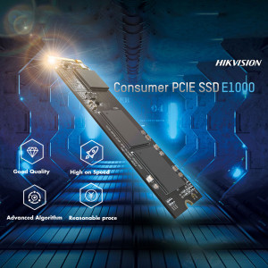 Hikvision Consumer PCIe SSD E1000 product shot with blue tech background
