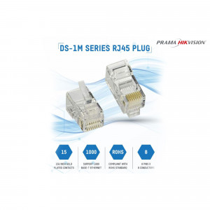 Close-up of Prama Hikvision DS-1M Series RJ45 network plug with gold contacts