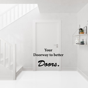 White interior hallway with a door and text advertising doors