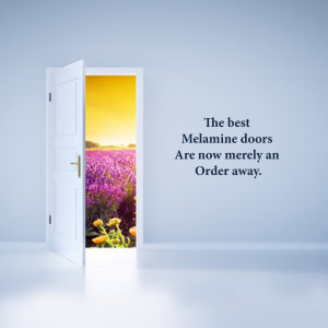 White door open to a vibrant lavender field with a bright yellow sky.