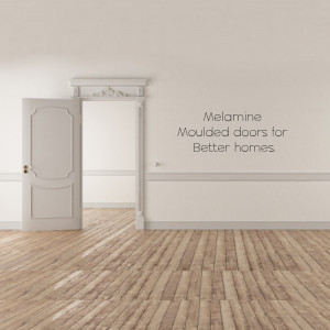 Interior view of a room with an open melamine moulded door and light-colored walls and flooring.