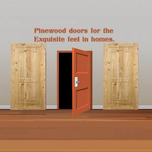 Three pinewood doors, two closed and one open, against a gray wall and wooden floor.