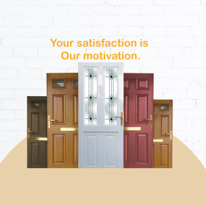 A row of different colored doors with the text 'Your satisfaction is Our motivation.'