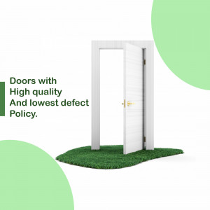 White door standing on a patch of grass with green abstract shapes