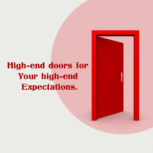 Red door with text promoting high-end doors