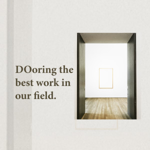 A doorway framing a bright, minimalist art gallery with text overlay.