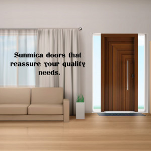 Interior view of a room with a Sunmica door and beige sofa