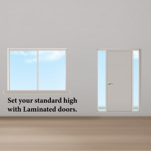 Interior view of a room with a window and a laminated door, showcasing a modern design.