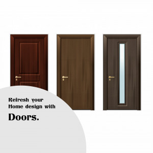 Three different styles of wooden doors with varying finishes and designs.