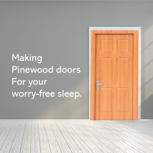 Image of a pinewood door against a gray wall with text promoting worry-free sleep.