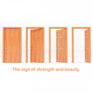 Four wooden doors in varying stages of opening, representing progress and choices.